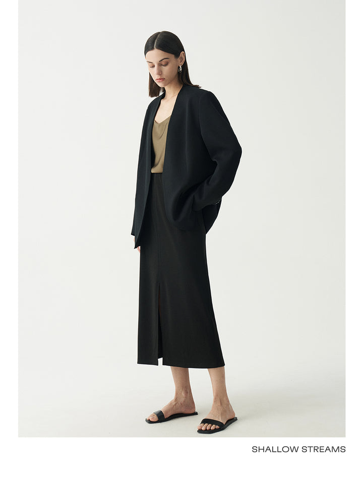Minimalist Black Casual Collarless Blazer SSCB0059