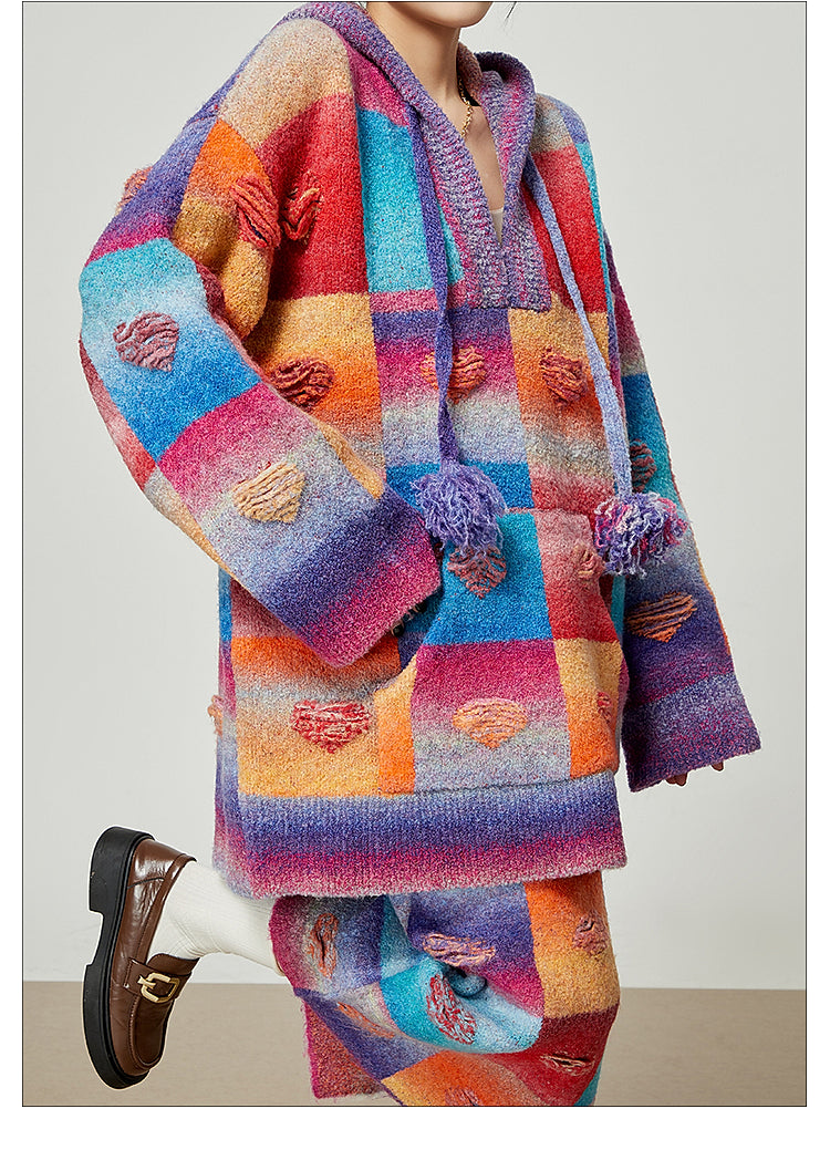 Rainbow Heart Knit Hoodie and Skirt Set LLKS0093