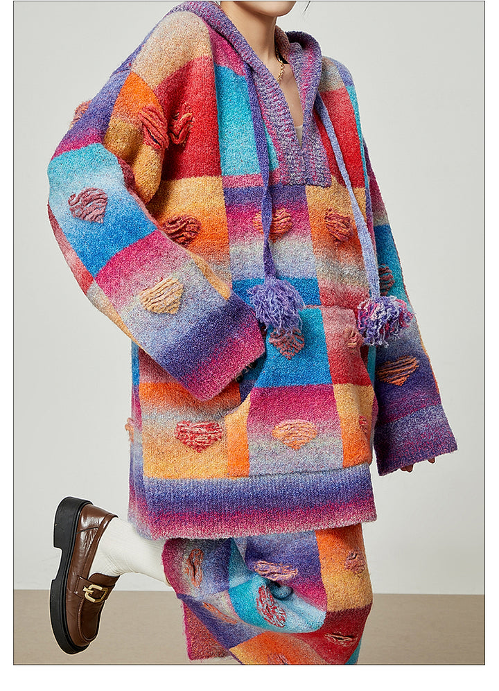Rainbow Heart Knit Hoodie and Skirt Set LLKS0093