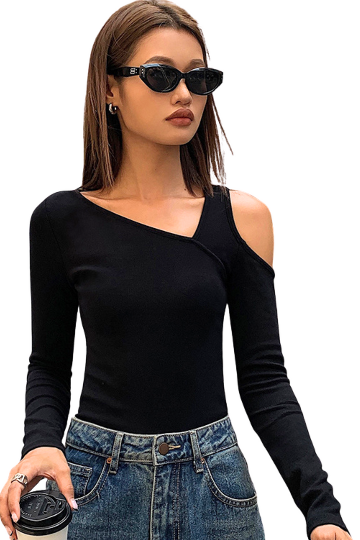 Asymmetric Shoulder Cutout Long Sleeve Top OULS0262