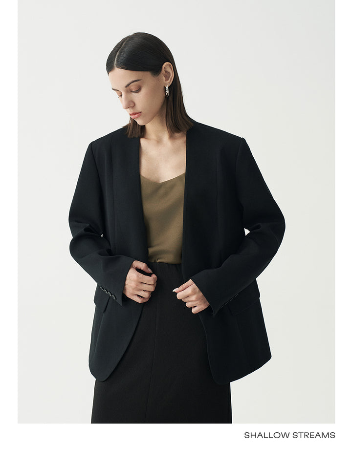 Minimalist Black Casual Collarless Blazer SSCB0059
