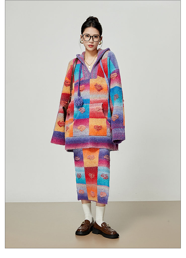 Rainbow Heart Knit Hoodie and Skirt Set LLKS0093