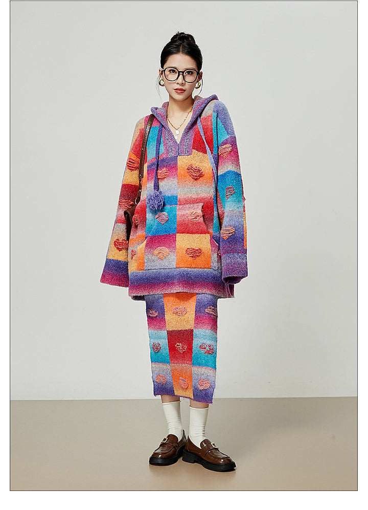 Rainbow Heart Knit Hoodie and Skirt Set LLKS0093