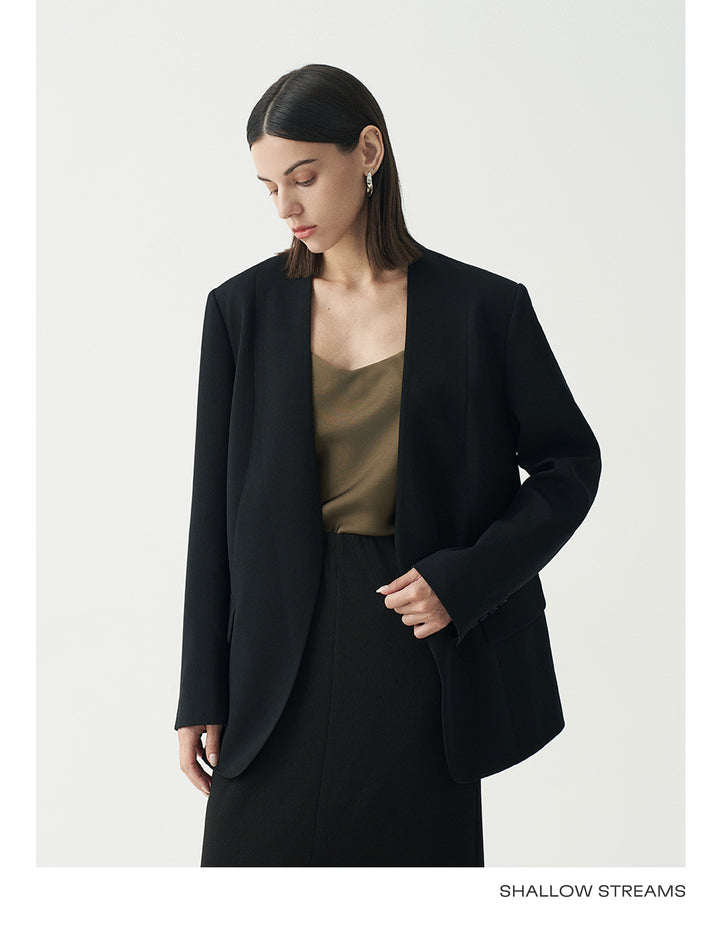Minimalist Black Casual Collarless Blazer SSCB0059