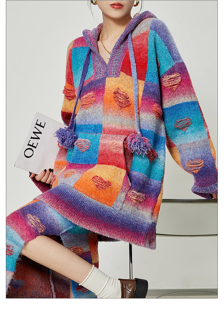 Rainbow Heart Knit Hoodie and Skirt Set LLKS0093