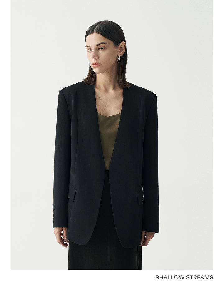 Minimalist Black Casual Collarless Blazer SSCB0059