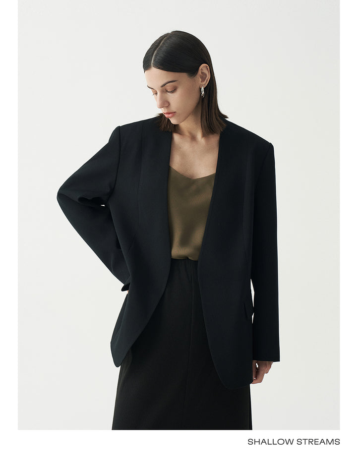 Minimalist Black Casual Collarless Blazer SSCB0059