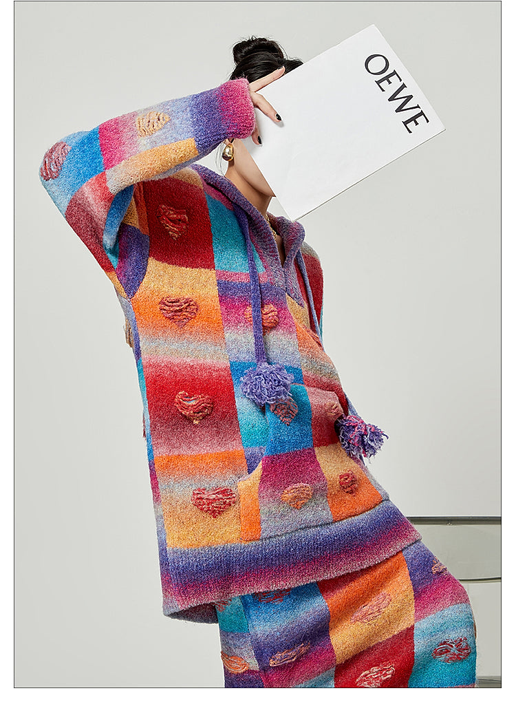 Rainbow Heart Knit Hoodie and Skirt Set LLKS0093