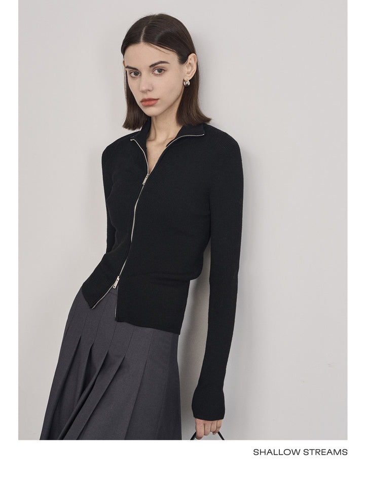 Wool Double Zip Turtleneck Knit Top SSKT0051