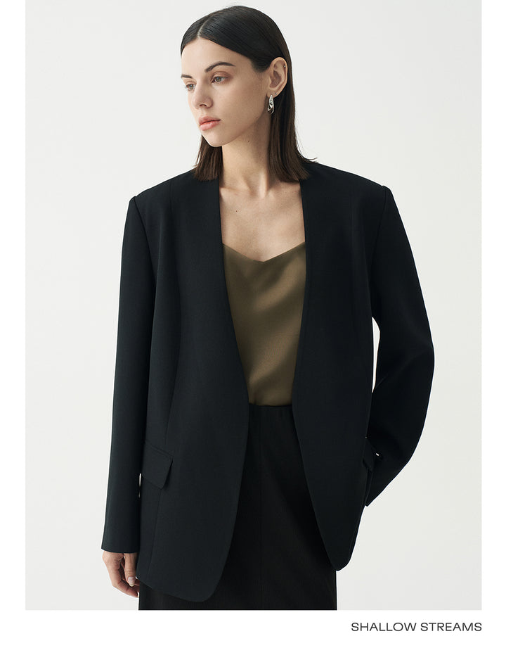 Minimalist Black Casual Collarless Blazer SSCB0059