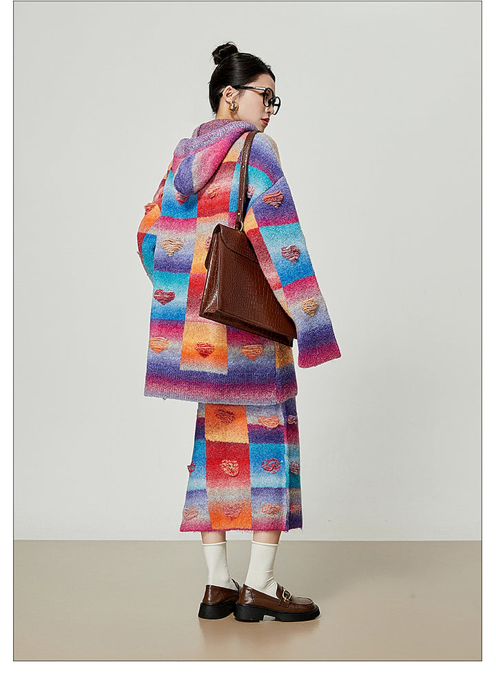 Rainbow Heart Knit Hoodie and Skirt Set LLKS0093