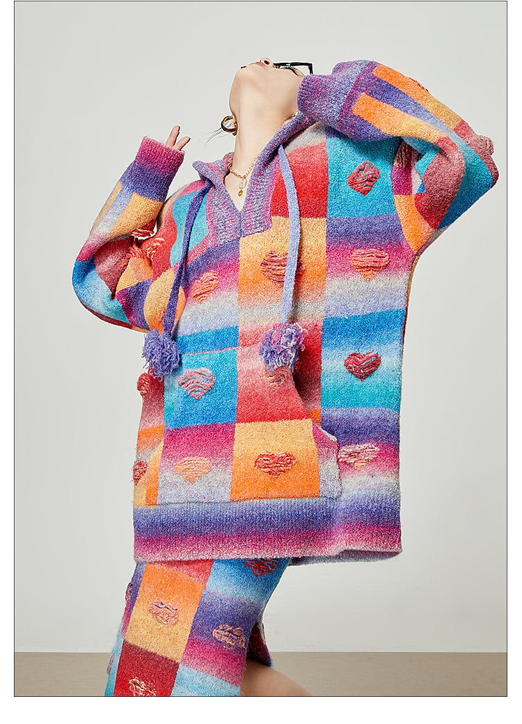 Rainbow Heart Knit Hoodie and Skirt Set LLKS0093