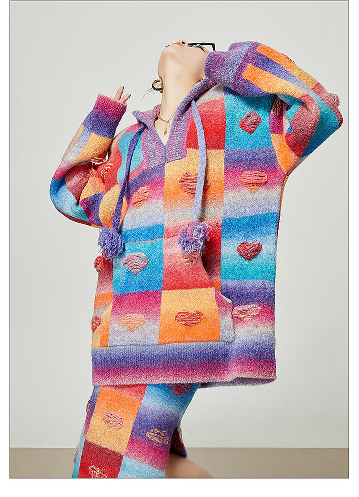 Rainbow Heart Knit Hoodie and Skirt Set LLKS0093