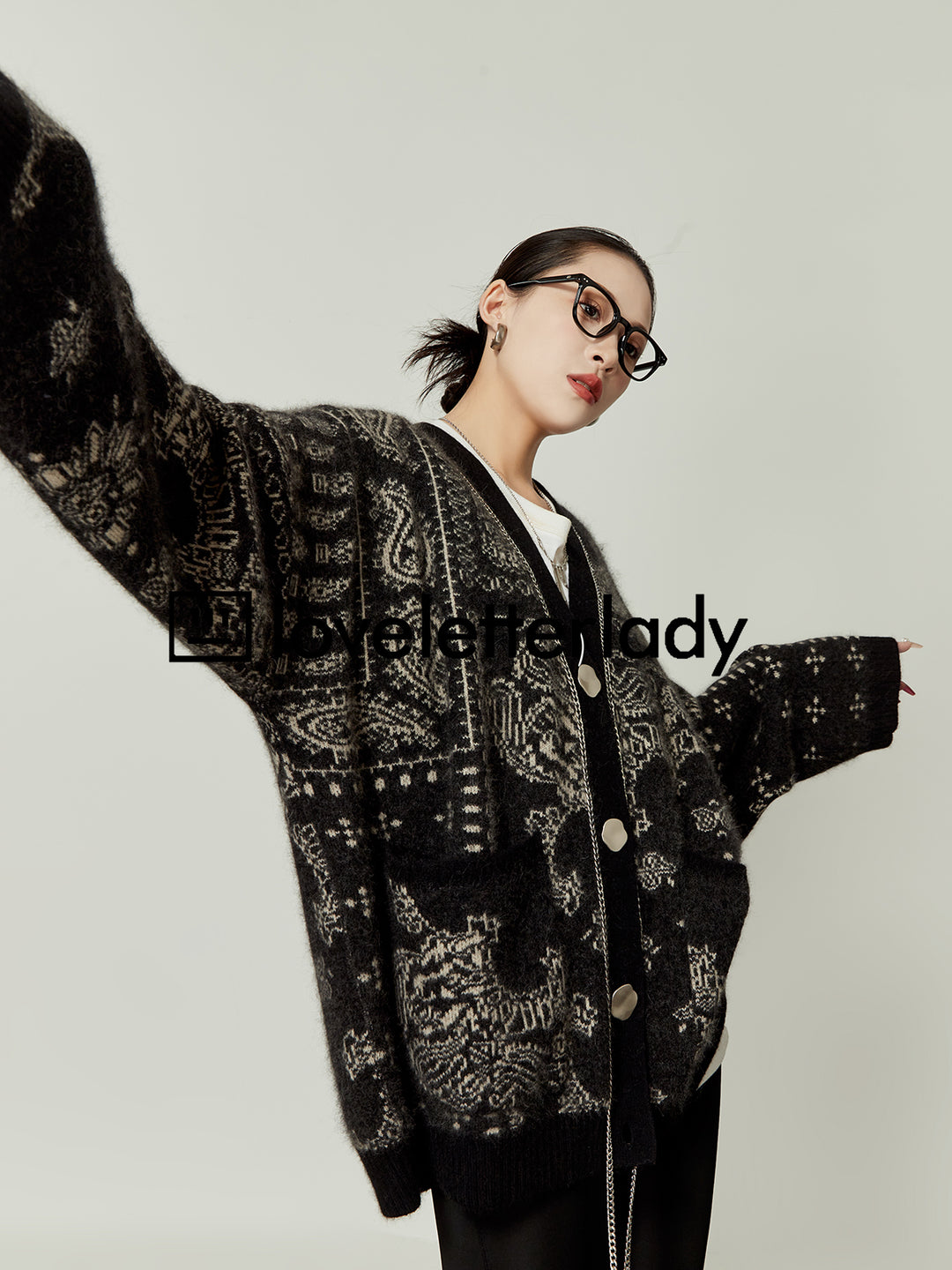 Vintage Oversized Jacquard Knit Cardigan LLKC0017