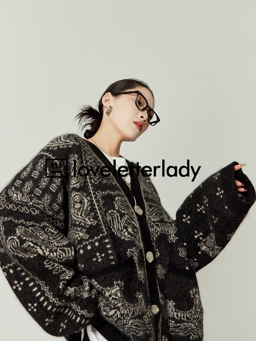 Vintage Oversized Jacquard Knit Cardigan LLKC0017