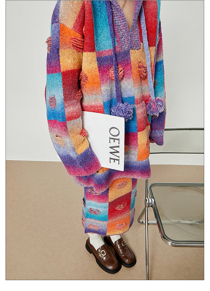 Rainbow Heart Knit Hoodie and Skirt Set LLKS0093