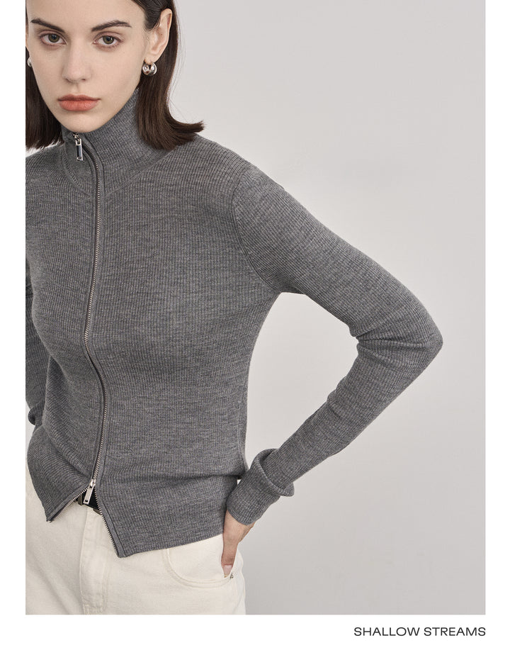 Wool Double Zip Turtleneck Knit Top SSKT0051