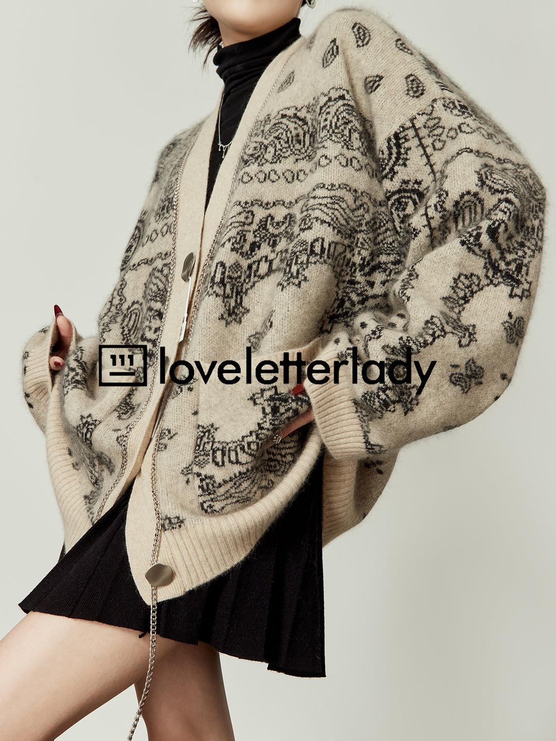Vintage Oversized Jacquard Knit Cardigan LLKC0017