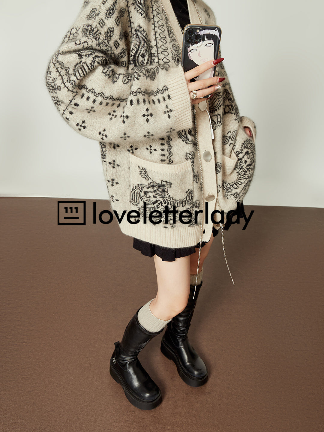 Vintage Oversized Jacquard Knit Cardigan LLKC0017