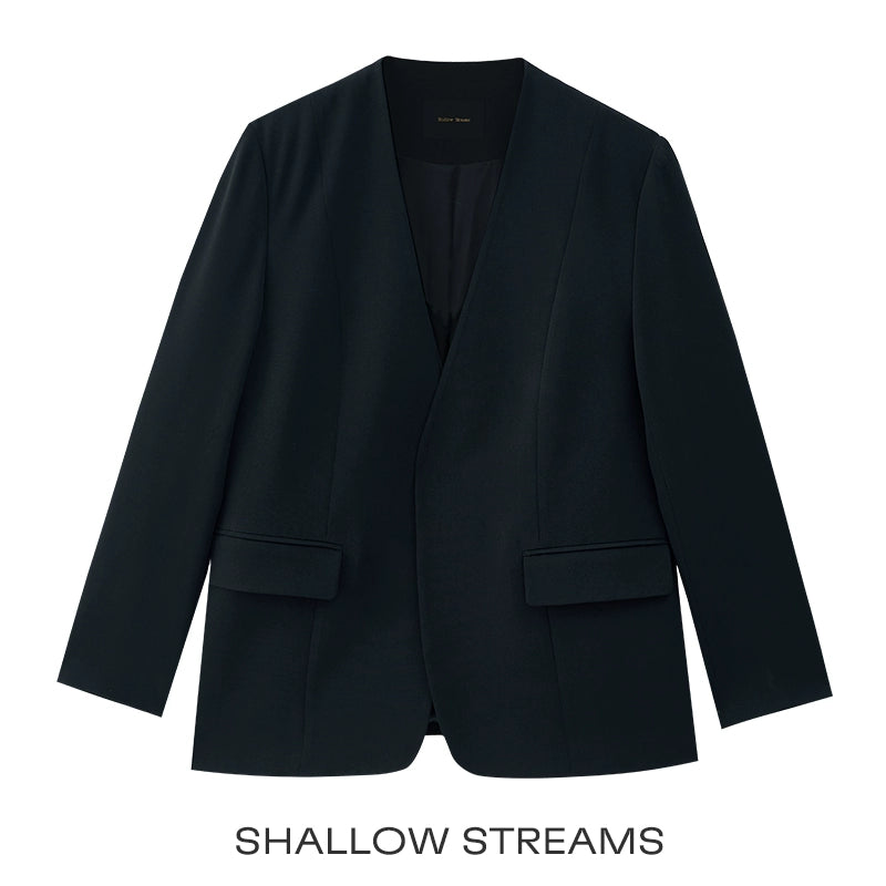 Minimalist Black Casual Collarless Blazer SSCB0059