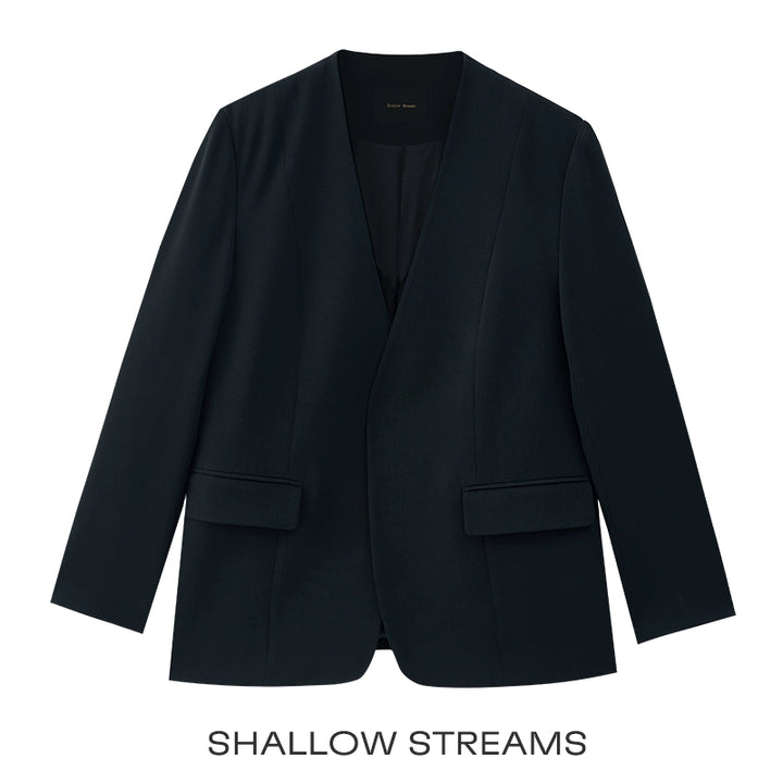 Minimalist Black Casual Collarless Blazer SSCB0059