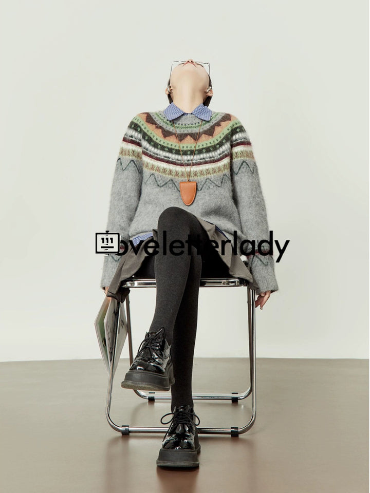 Round Neck Pullover Jacquard Striped Sweater LLRS0094