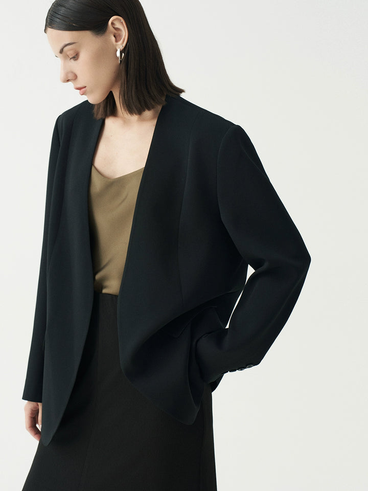 Minimalist Black Casual Collarless Blazer SSCB0059