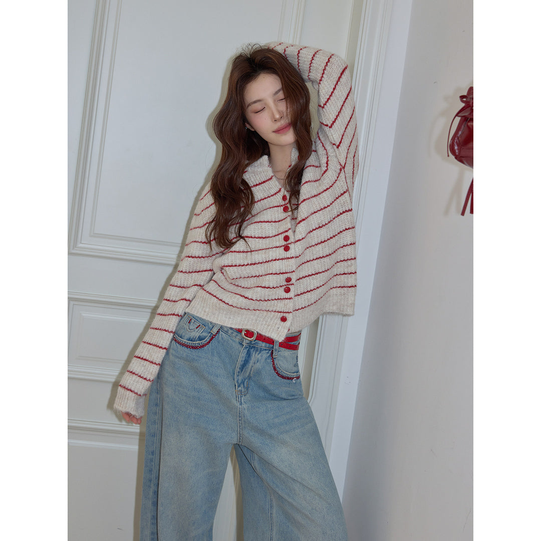 Parisian Rouge Stripe Knit Cardigan KKKC0337