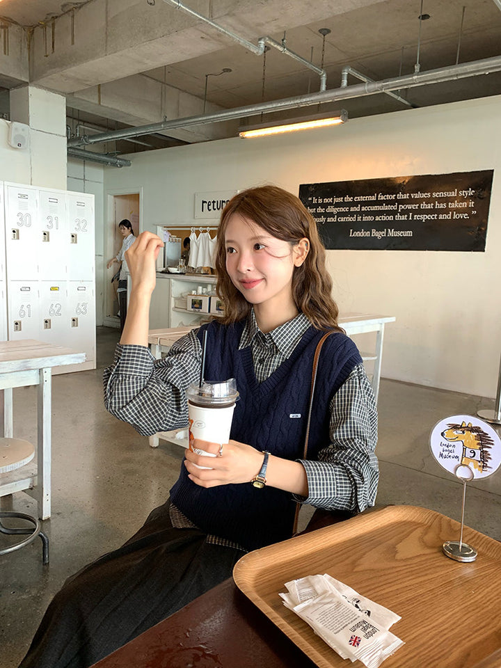 Vintage Check Shirt with Heritage Cable Knit Vest &Tie SET WSVS0334