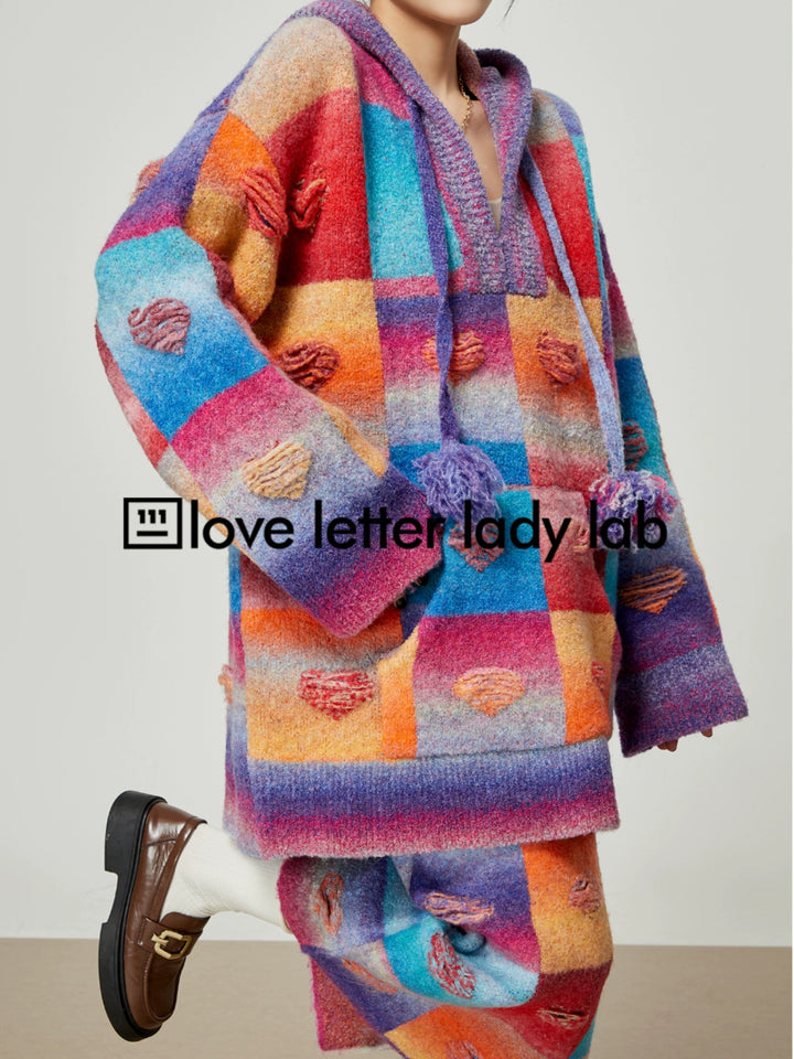 Rainbow Heart Knit Hoodie and Skirt Set LLKS0093