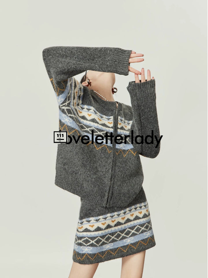 Fair Isle Knit Sweater Skirt Set LLKS0095