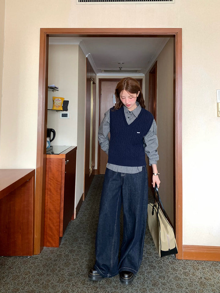 Vintage Check Shirt with Heritage Cable Knit Vest &Tie SET WSVS0334