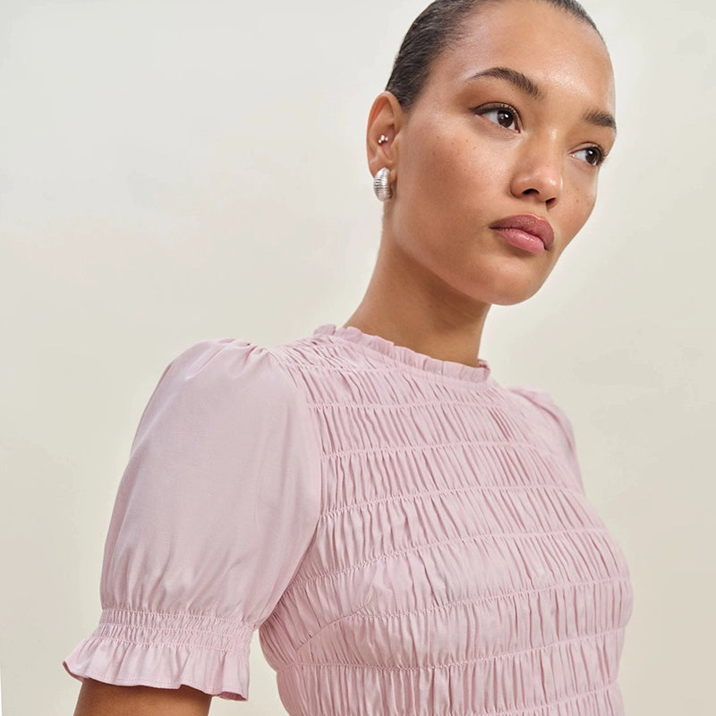 Rosette Smocked Puff Sleeve Dress SDPD0198