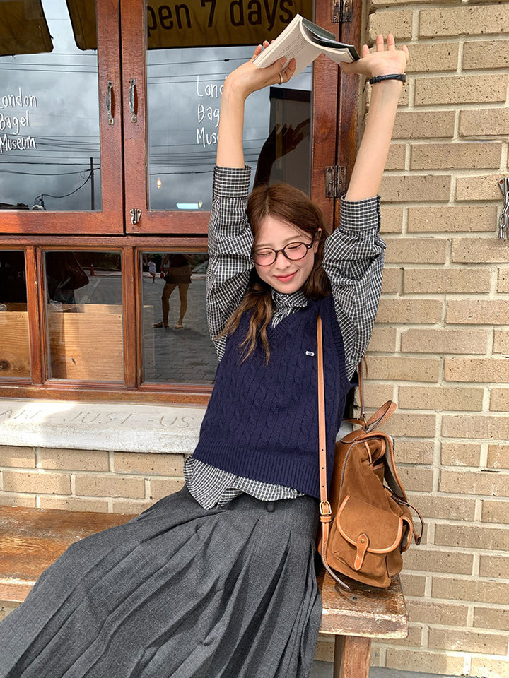 Vintage Check Shirt with Heritage Cable Knit Vest &Tie SET WSVS0334