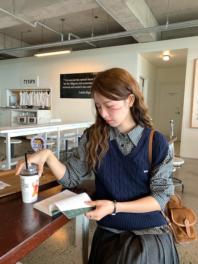 Vintage Check Shirt with Heritage Cable Knit Vest &Tie SET WSVS0334