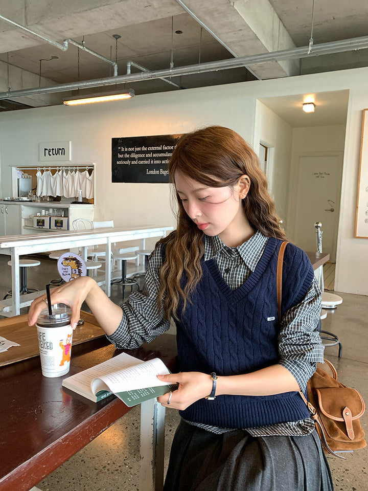 Vintage Check Shirt with Heritage Cable Knit Vest &Tie SET WSVS0334
