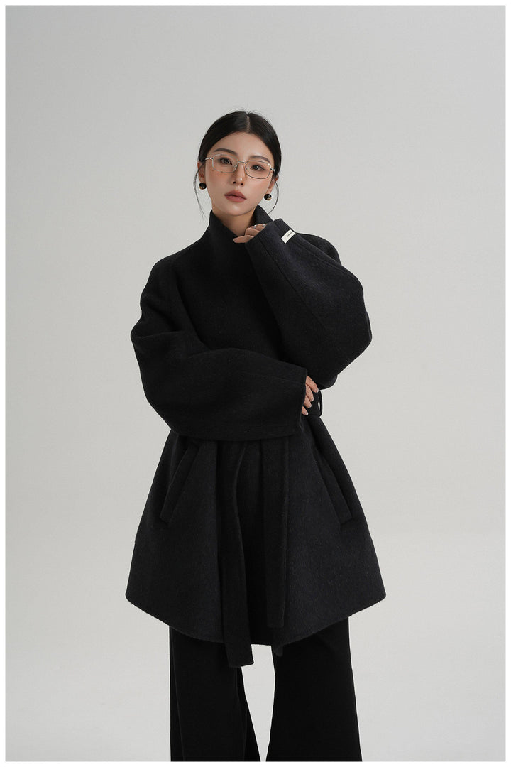 Noir Wrap Belted Wool Coat SRWC0318