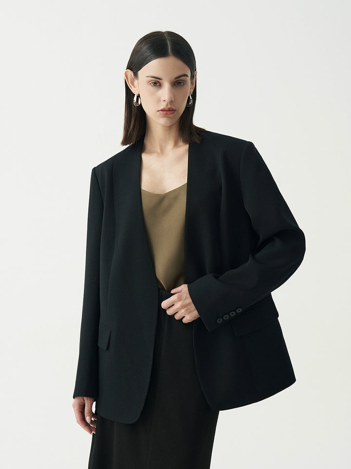 Minimalist Black Casual Collarless Blazer SSCB0059