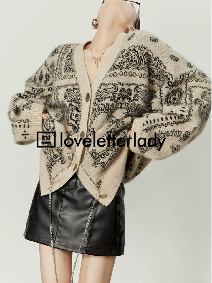 Vintage Oversized Jacquard Knit Cardigan LLKC0017