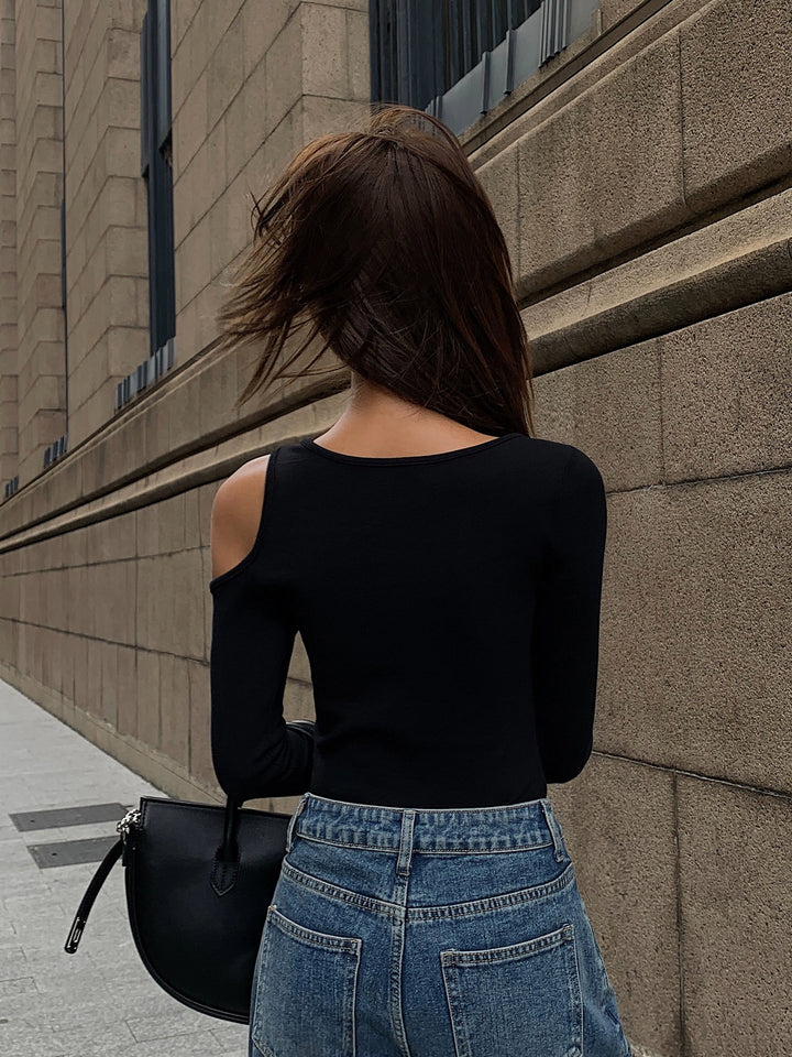 Asymmetric Shoulder Cutout Long Sleeve Top OULS0262