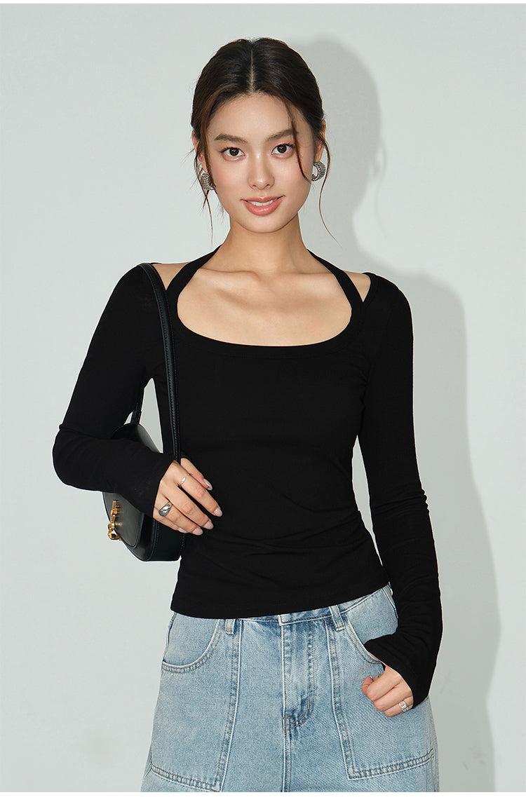 Strap Detail Square Neck Long Sleeve NHSN0261