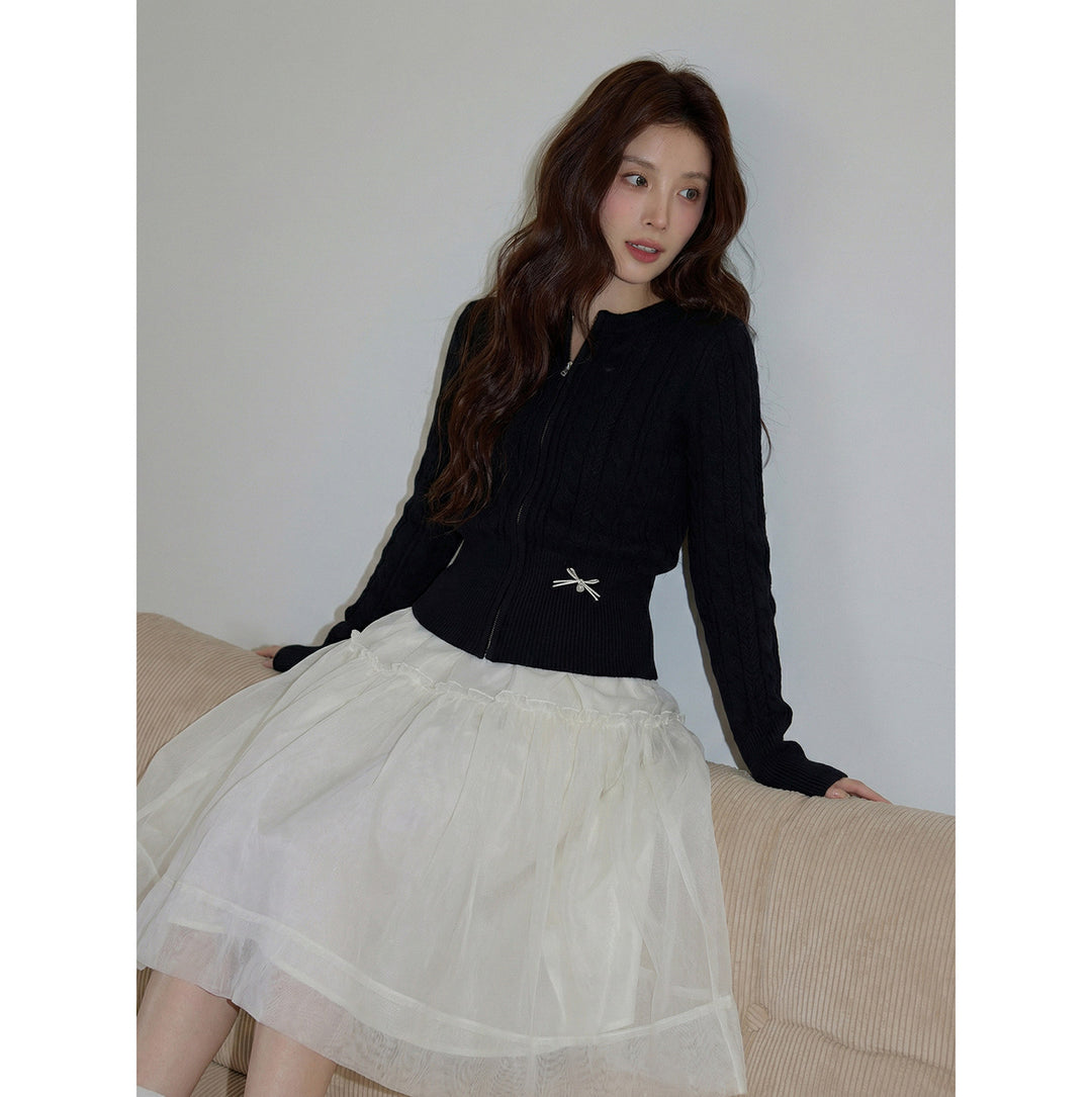 Ribbon Zip Cable Knit Cardigan KKZC0325