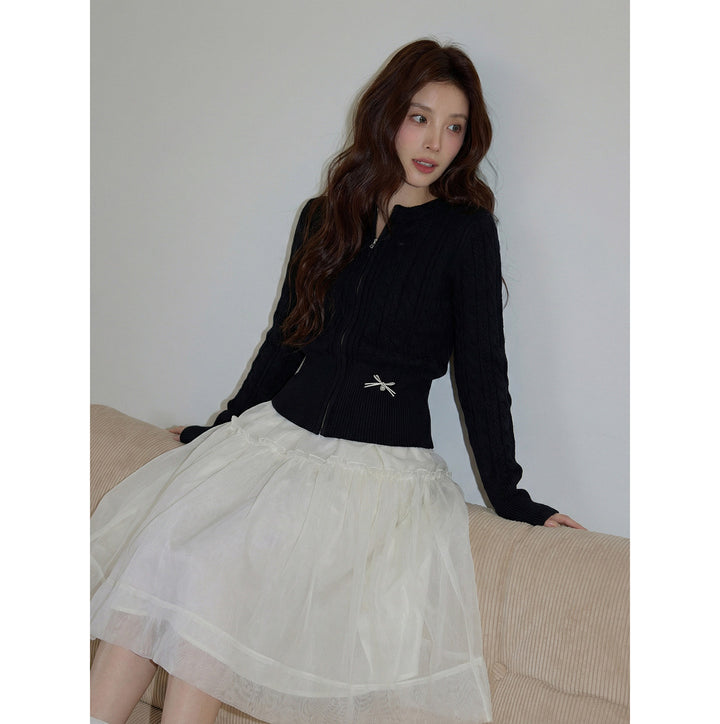 Ribbon Zip Cable Knit Cardigan KKZC0325