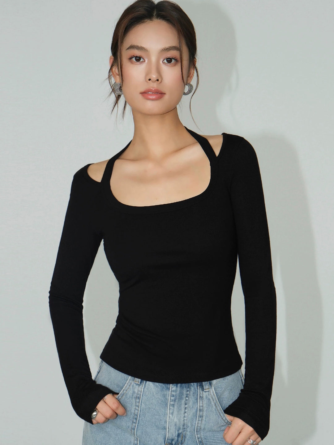 Strap Detail Square Neck Long Sleeve NHSN0261