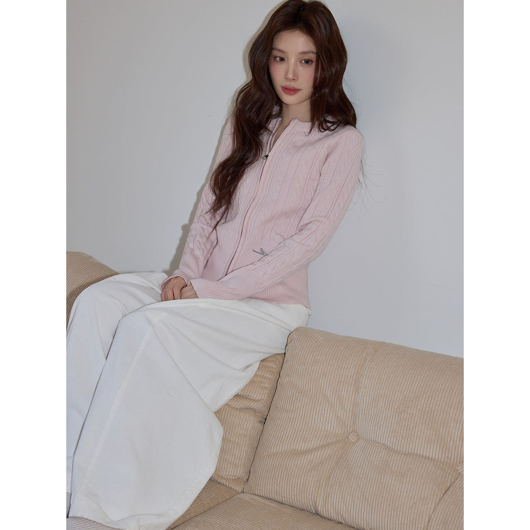 Ribbon Zip Cable Knit Cardigan KKZC0325