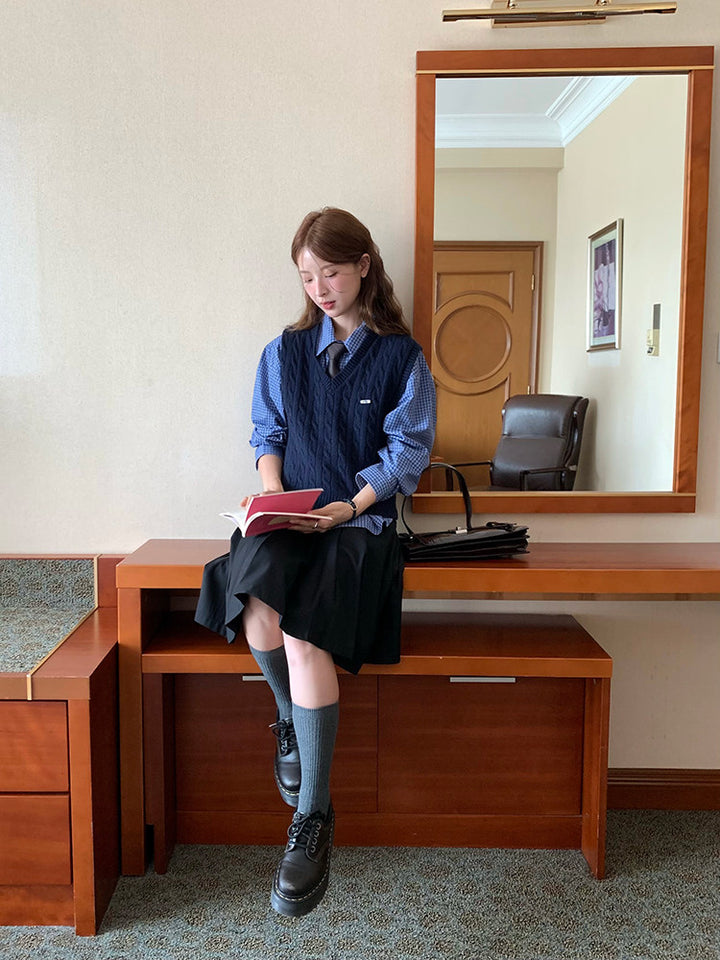 Vintage Check Shirt with Heritage Cable Knit Vest &Tie SET WSVS0334