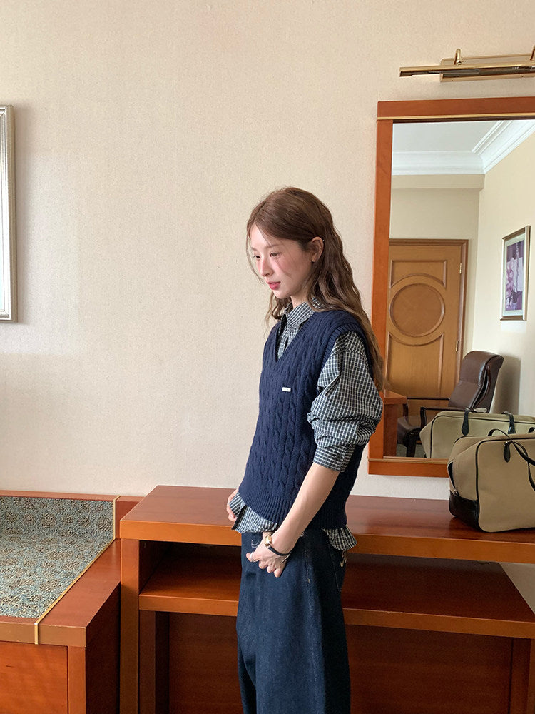 Vintage Check Shirt with Heritage Cable Knit Vest &Tie SET WSVS0334