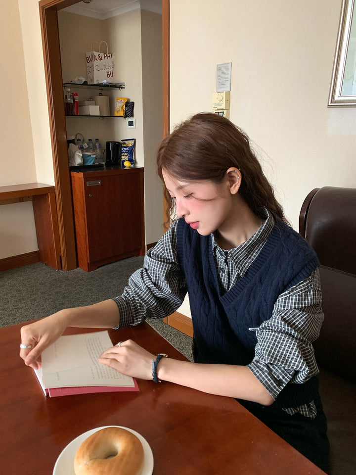 Vintage Check Shirt with Heritage Cable Knit Vest &Tie SET WSVS0334