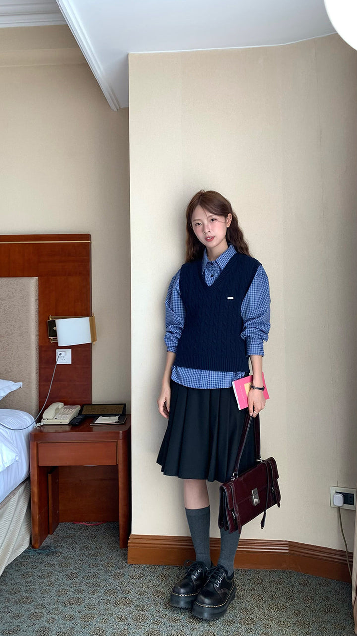 Vintage Check Shirt with Heritage Cable Knit Vest &Tie SET WSVS0334