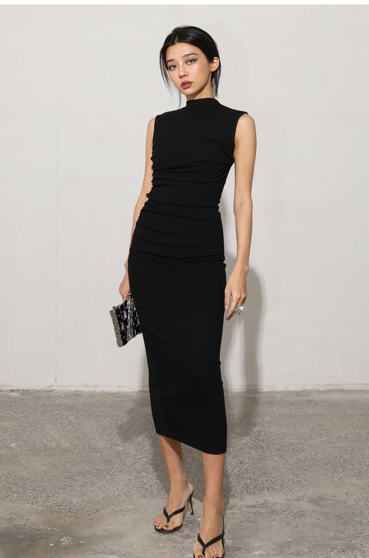 Elegant High-Neck Ruched Midi Dress MSMD0258